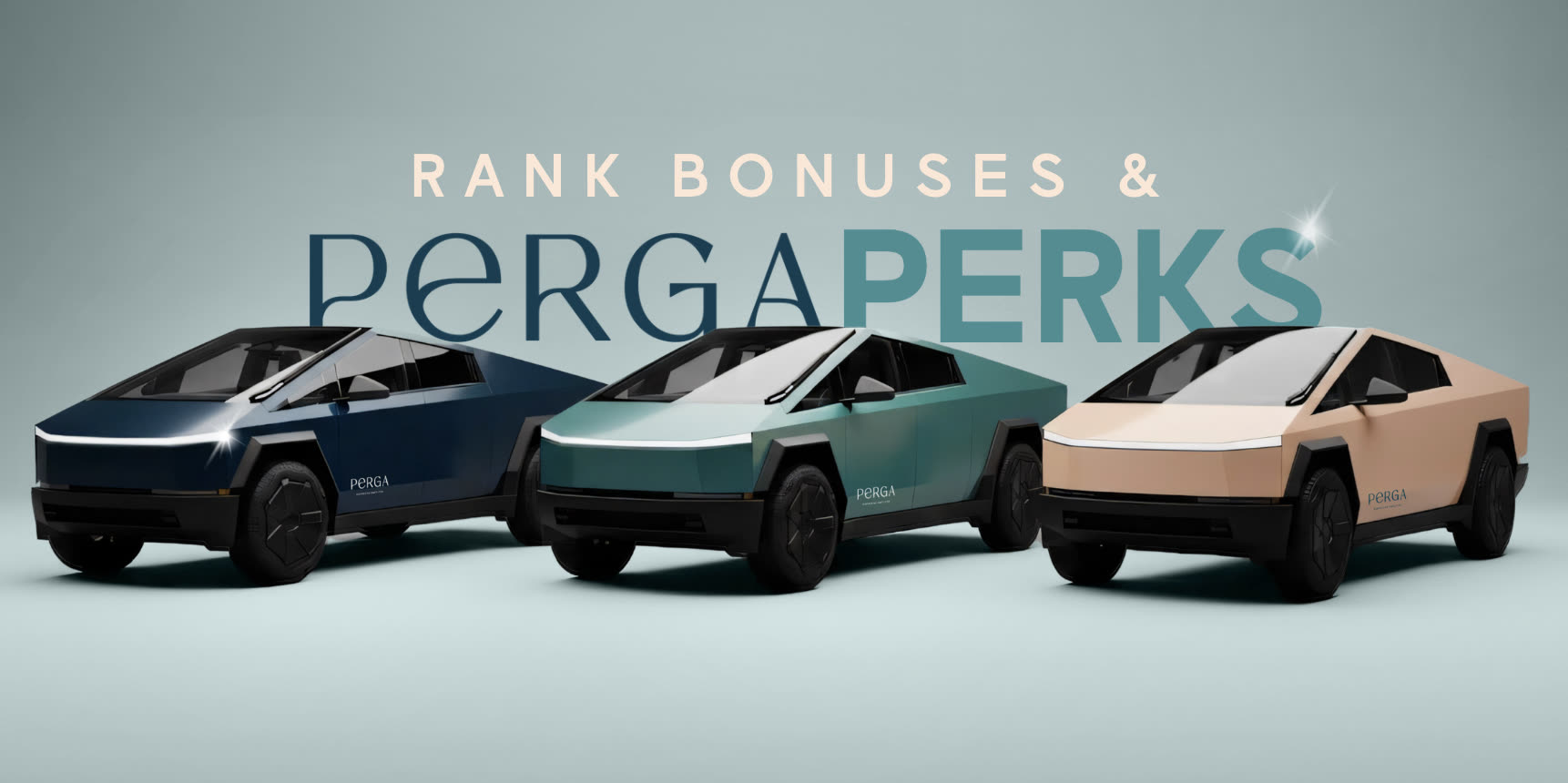 Rank Bonuses and PergaPerks: three Cybertrucks in navy, teal and sand