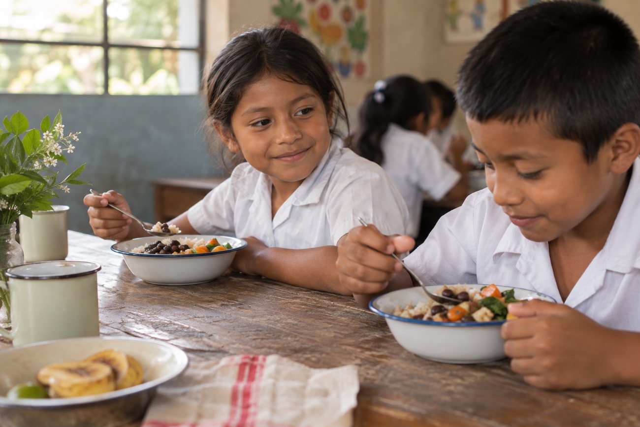 Children eating a rice and beans meal at a school table