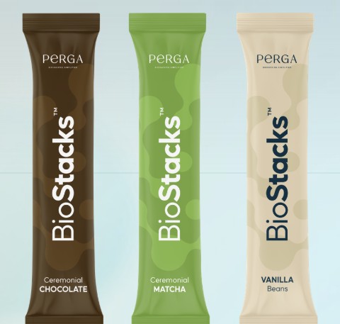 Three BioStacks stick packs: Ceremonial Chocolate, Ceremonial Matcha and Vanilla Beans