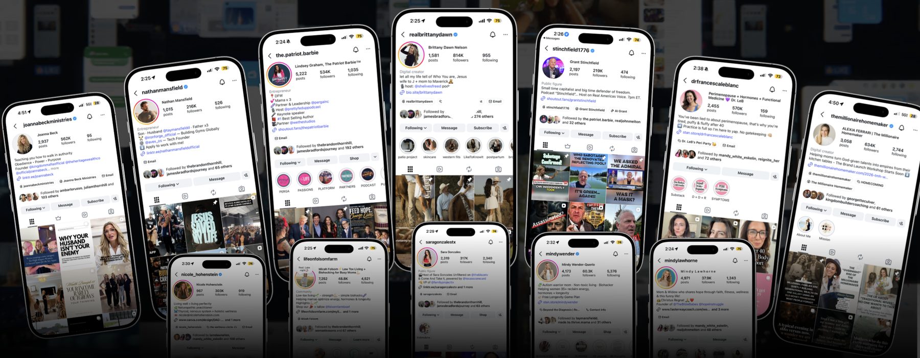 A wall of phones showing the social profiles of creators who have partnered with Perga, with audiences from tens of thousands to more than 800 thousand followers each
