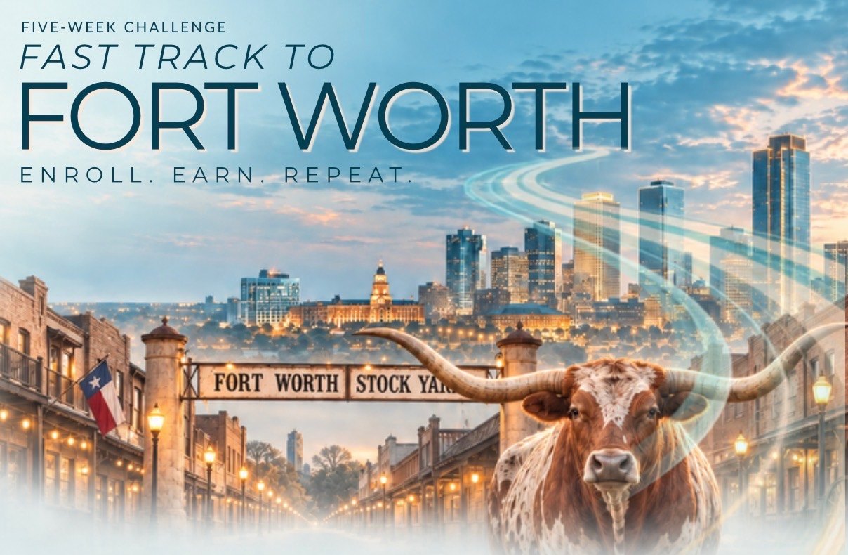 Five week challenge. Fast Track to Fort Worth. Enroll. Earn. Repeat. A longhorn in front of the Fort Worth Stock Yards and skyline.