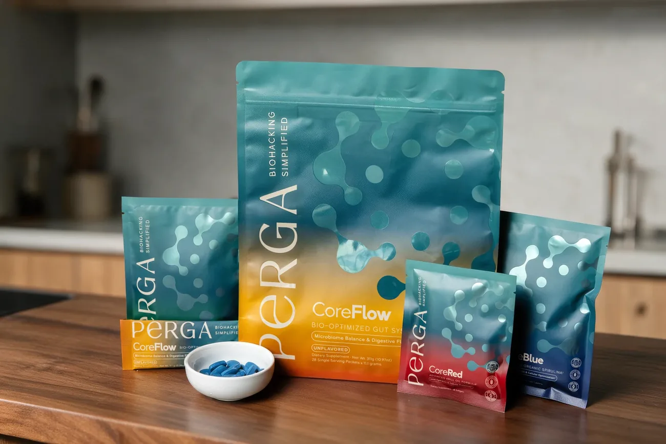 CoreFlow, CoreBlue, CoreGreen and CoreRed together on a kitchen counter