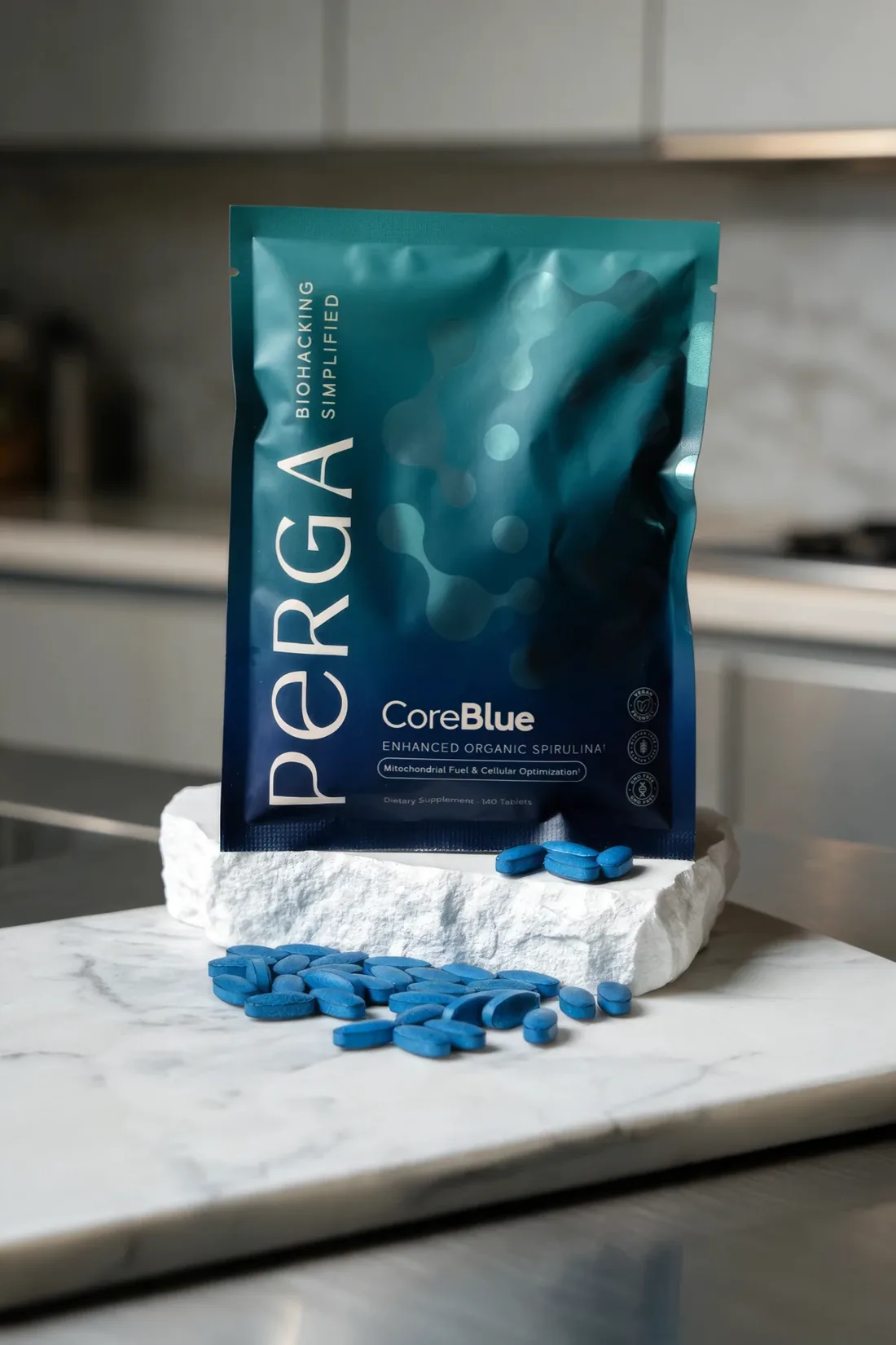 CoreBlue pouch with blue spirulina tablets