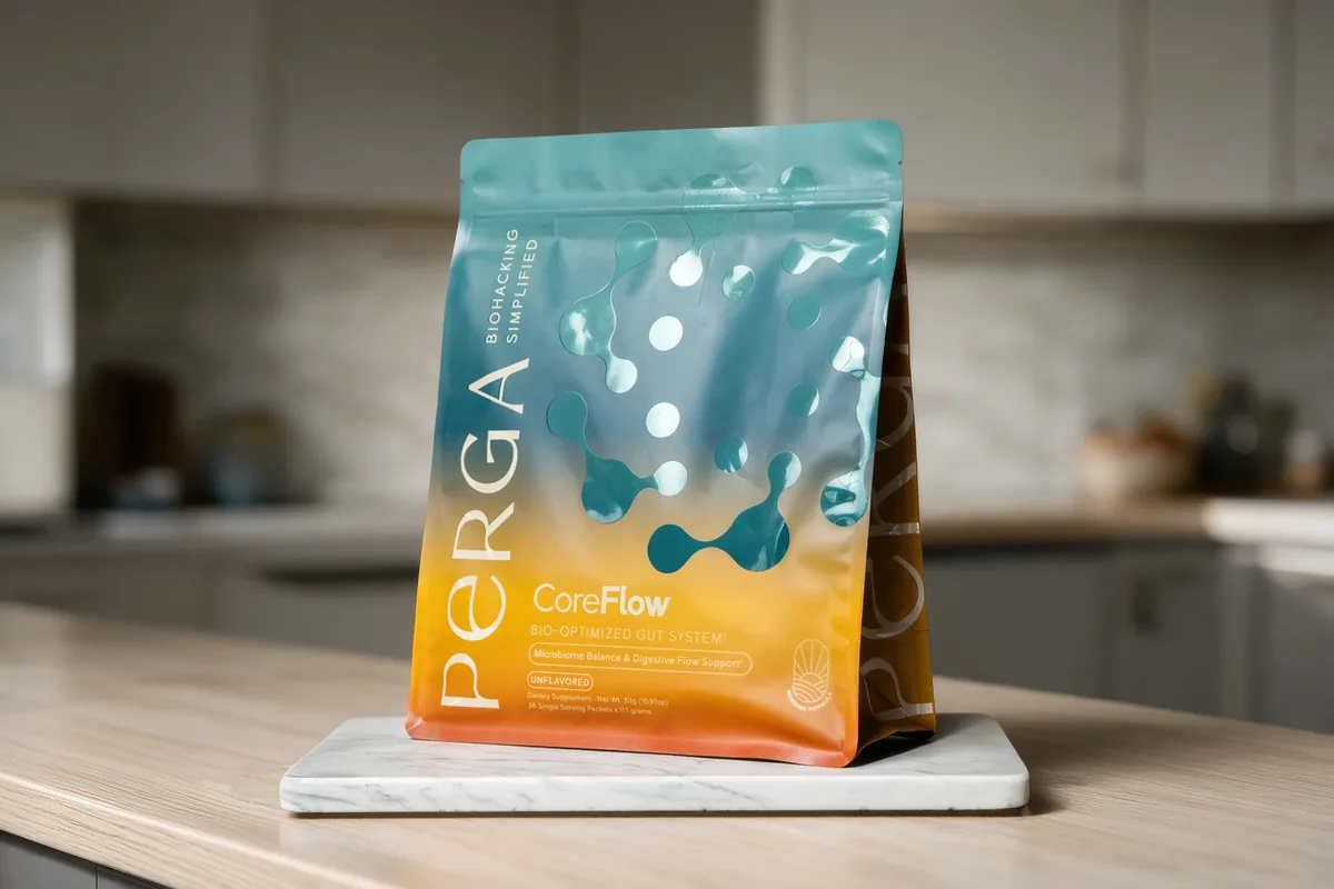 CoreFlow pouch on a kitchen counter