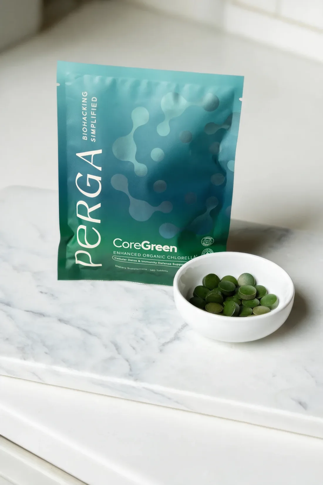 CoreGreen pouch with green chlorella tablets