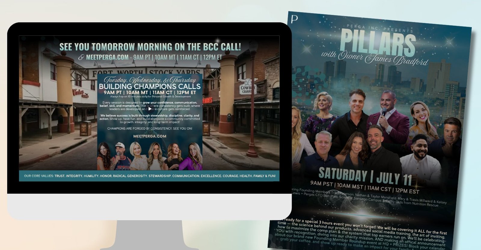 Weekly call screen and Pillars event flyer