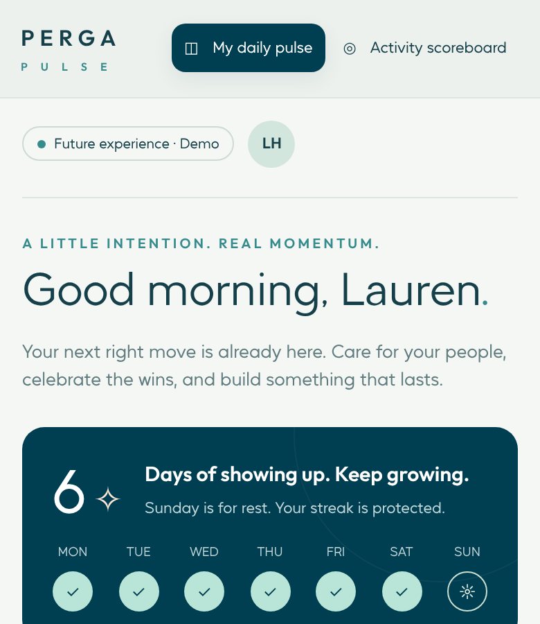 PERGA Pulse daily dashboard: a six day streak and three moves prioritized by AI